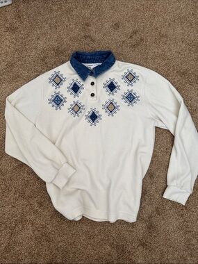Alfred Dunner White Crewneck Sweater with Blue Embroidered Diamonds
